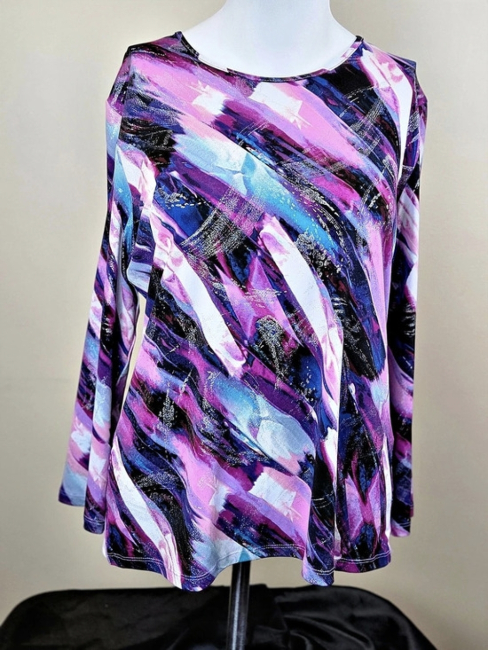 Tan Jay Abstract Brushstroke Shimmer Long Sleeve Top - Size S